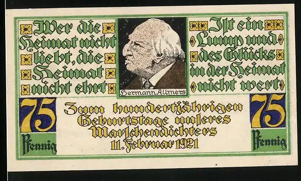 Notgeld Stotel 1921, Portrait Hermann Allmers, Stoteler Graf schützt sein Volk