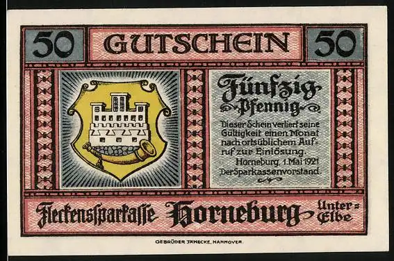 Notgeld Horneburg /Elbe 1921, 50 Pfennig, Wappen und Marschhaus