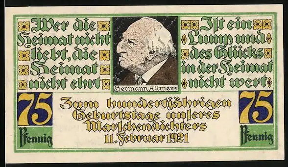Notgeld Stotel 1921, Portrait Hermann Allmers, Stoteler Graf schützt sein Volk