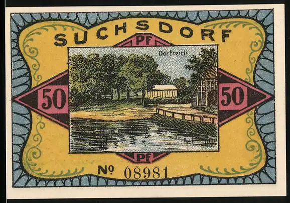 Notgeld Suchsdorf 1921, 50 Pfennig, Dorfteich und Hochziehen der Schlagbrücke
