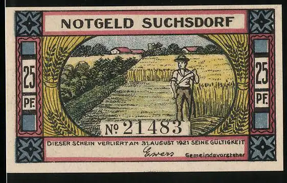 Notgeld Suchsdorf 1921, 25 Pfennig, Bauer mit Sense bei der Getreideernte, streit mit Dänen