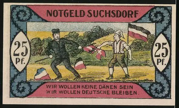 Notgeld Suchsdorf 1921, 25 Pfennig, Bauer mit Sense bei der Getreideernte, streit mit Dänen