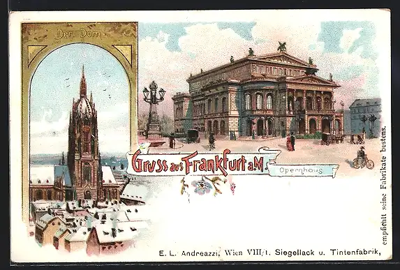 Lithographie Frankfurt a. M., Opernhaus und Dom