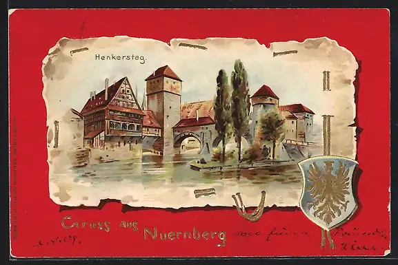 Künstler-AK Nürnberg, Henkersteg mit Wappen