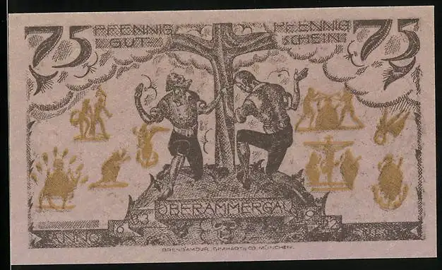Notgeld Oberammergau 1921, 75 Pfennig, Ortsansicht, Männer knien vor einem Kreuz