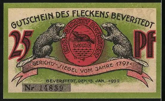 Notgeld Beverstedt 1922, 25 Pfennig, Ortsansicht, Biber nagt an einem Baumstamm, Gerichtssiegel vom Jahre 1797