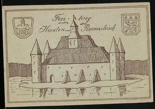 Notgeld Oftering 1920, 50 Heller, Strassenpartie mit Kirche, Burg und Wappen