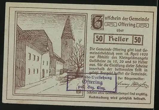 Notgeld Oftering 1920, 50 Heller, Strassenpartie mit Kirche, Burg und Wappen