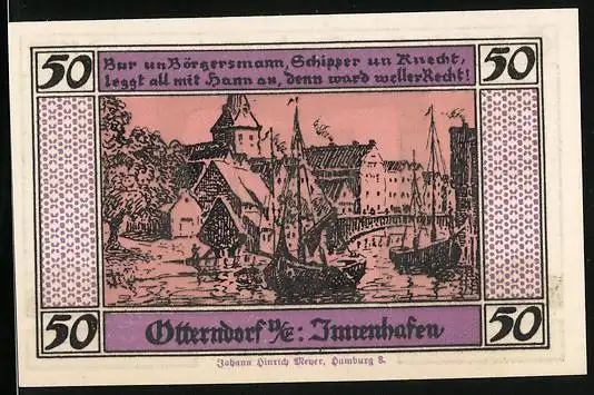 Notgeld Otterndorf 1920, 50 Pfennig, Hafenpartie und Wappen