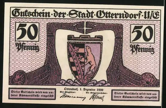 Notgeld Otterndorf 1920, 50 Pfennig, Hafenpartie und Wappen