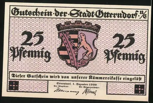 Notgeld Otterndorf 1920, 25 Pfennig, Hafenausfahrt und Wappen