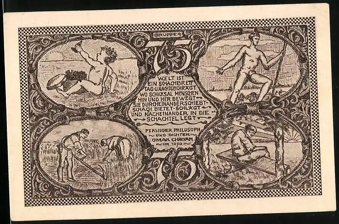 Notgeld Kahla a. d. Saale 1921, 75 Pfennig, Schachfiguren, Kleinkind mit Schachfiguren, Arbeiter auf dem Feld, Gutschein