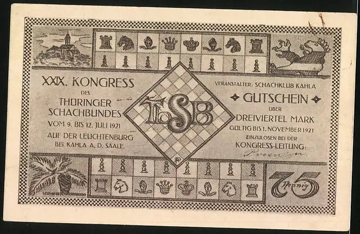 Notgeld Kahla a. d. Saale 1921, 75 Pfennig, Schachfiguren, Kleinkind mit Schachfiguren, Arbeiter auf dem Feld, Gutschein