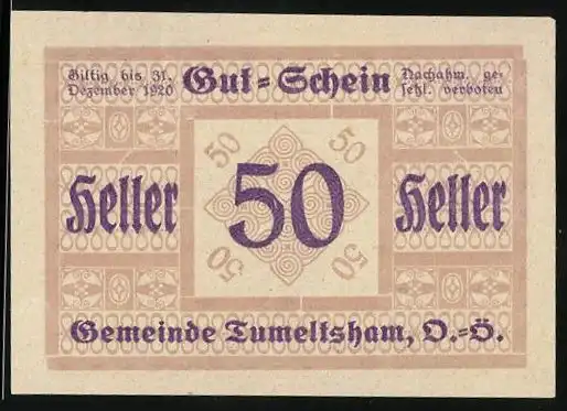 Notgeld Tumeltsham 1920, 50 Heller, Signatur, Gutschein