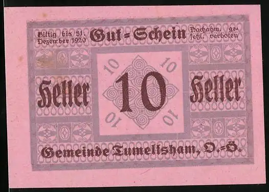 Notgeld Tumeltsham 1920, 10 Heller, Signatur, Gutschein
