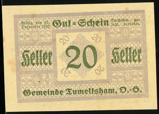 Notgeld Tumeltsham 1920, 20 Heller, Signatur, Gutschein