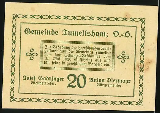 Notgeld Tumeltsham 1920, 20 Heller, Signatur, Gutschein