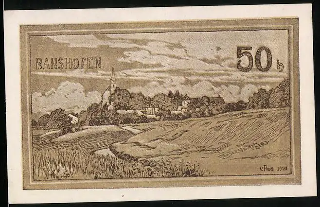 Notgeld Ranshofen 1920, 50 Heller, Ortsansicht mit Kirche, Gutschein