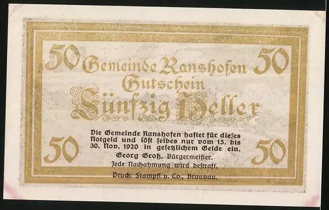 Notgeld Ranshofen 1920, 50 Heller, Ortsansicht mit Kirche, Gutschein