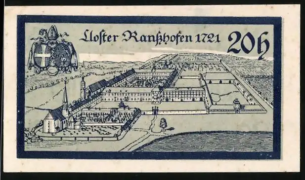 Notgeld Ranshofen 1920, 20 Heller, Kloster Ranshofen 1721 und Wappen