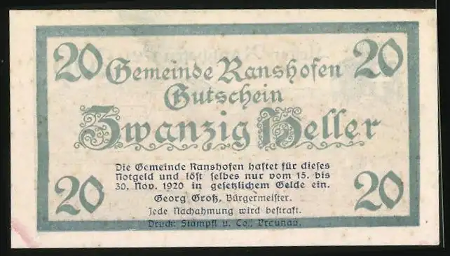 Notgeld Ranshofen 1920, 20 Heller, Kloster Ranshofen 1721 und Wappen