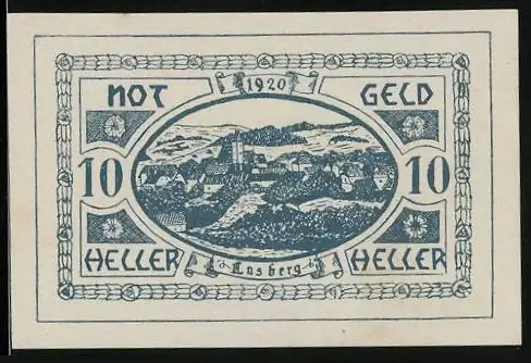 Notgeld Lasberg 1920, 10 Heller, Ortsansicht mit Kirche