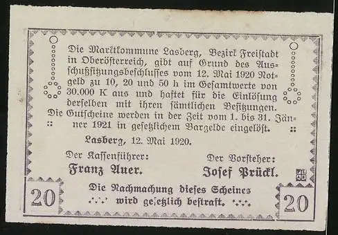 Notgeld Lasberg 1920, 20 Heller, Ortsansicht mit Kirche