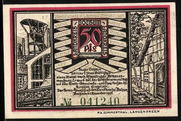 Notgeld Bochum 1921, 50 Pfennig, Kohlenzeche und Bergarbeiter, Fachwerkhaus