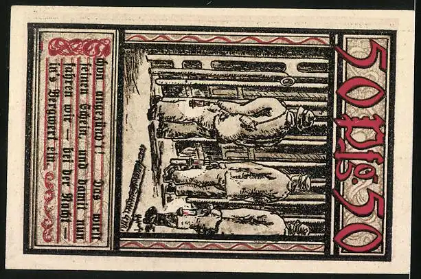 Notgeld Bochum 1921, 50 Pfennig, Kohlenzeche und Bergarbeiter, Fachwerkhaus