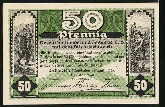 Notgeld Schweich 1921, 50 Pfennig, Arbeiter bei der Weinlese