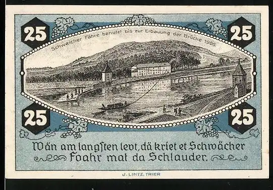 Notgeld Schweich 1921, 25 Pfennig, Schweicher Fähre, Bauer bei der Feldarbeit