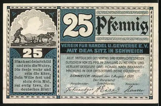 Notgeld Schweich 1921, 25 Pfennig, Schweicher Fähre, Bauer bei der Feldarbeit