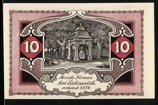 Notgeld Schweich 1921, 10 Pfennig, Hoch-Kreuz erbaut 1774, Schmied bei der Arbeit