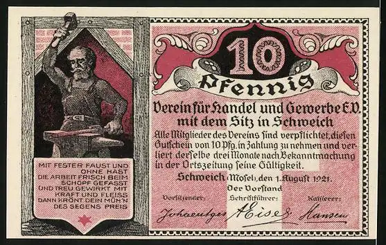 Notgeld Schweich 1921, 10 Pfennig, Hoch-Kreuz erbaut 1774, Schmied bei der Arbeit