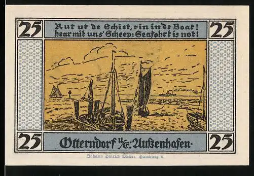 Notgeld Otterndorf a. E. 1920, 25 Pfennig, Aussenhafen und Wappen, Gutschein