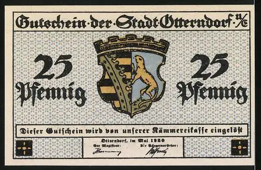 Notgeld Otterndorf a. E. 1920, 25 Pfennig, Aussenhafen und Wappen, Gutschein