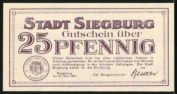 Notgeld Siegburg 1921, 25 Pfennig, Johannistürmchen, Gutschein