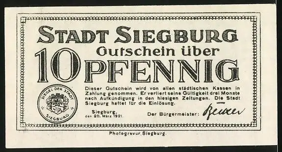 Notgeld Siegburg 1921, 10 Pfennig, Wappen, Gutschein