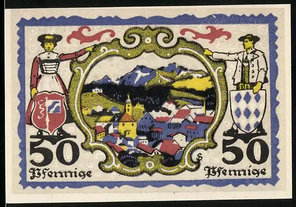 Notgeld Miesbach 1920, 50 Pfennig, Ortsansicht mit Gebirgspanorama, Paar in Tracht mit Wappen