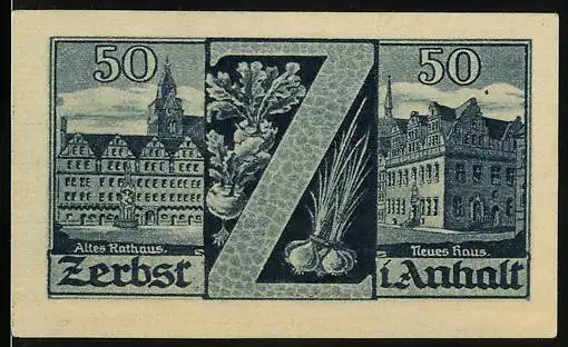 Notgeld Zerbst i. Anhalt 1921, 50 Pfennig, Altes und neues Rathaus, Wappen, Gutschein