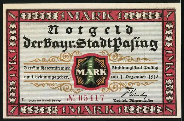 Notgeld Pasing 1918, 1 Mark, Wappen, Signatur