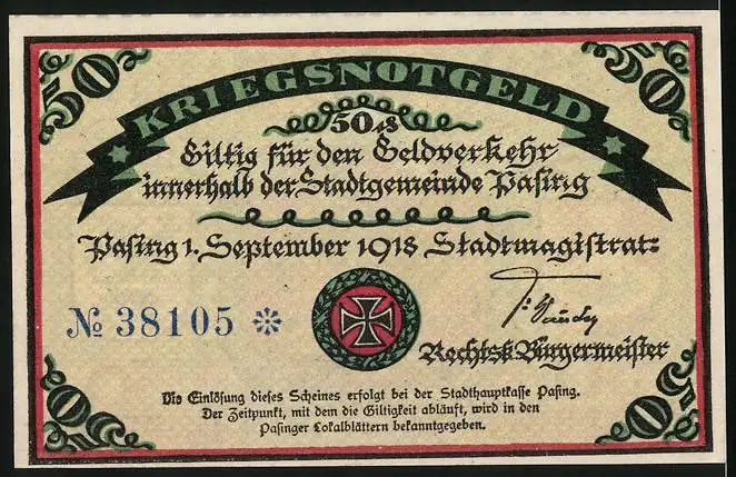 Notgeld Pasing 1918, 50 Pfennig, Wappen, Signatur