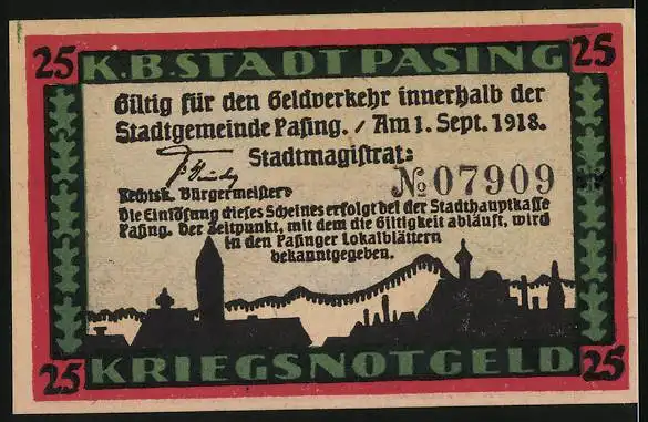 Notgeld Pasing 1918, 25 Pfennig, Wappen, Signatur