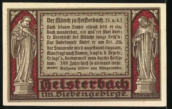 Notgeld Heisterbach / Siebengebirge 1921, 75 Pfennig, Chor der ehemaligen Kirche, Mönch zu Heisterbach