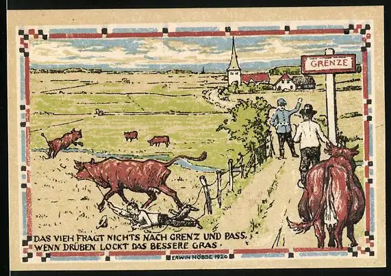 Notgeld Lutzhöft 1920, 50 Pfennig, Vieh auf der Weide überwindet die Grenze, Frauen mit Spinnrad u. Fahrrad, Gutschein