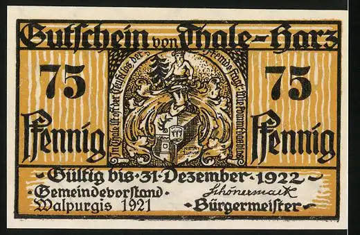 Notgeld Thale / Harz 1921, 75 Pfennig, Jäger mit Hund im Gebirge, Wappen, Gutschein