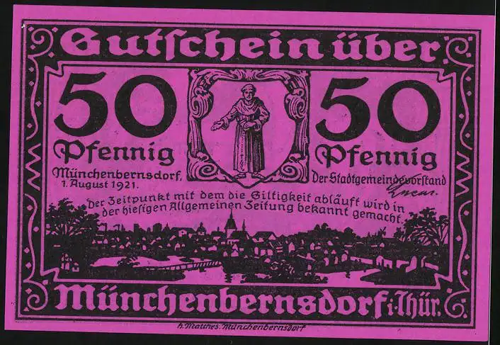 Notgeld Münchenbernsdorf i. Thür. 1921, 50 Pfennig, Stadtpanorama, Reiterloser Schimmel kehrt heim, Gutschein