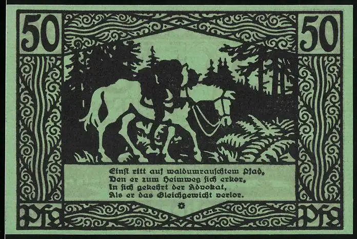 Notgeld Münchenbernsdorf 1921, 50 Pfennig, Stadtpanorama, Mann liegt bewusstlos auf einem Pferd, Gutschein