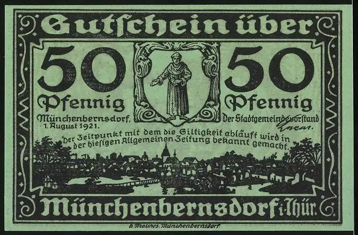 Notgeld Münchenbernsdorf 1921, 50 Pfennig, Stadtpanorama, Mann liegt bewusstlos auf einem Pferd, Gutschein