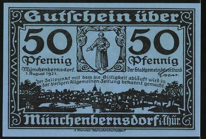 Notgeld Münchenbernsdorf 1921, 50 Pfennig, Stadtpanorama, Mann liegt am Advokatensteig, Gutschein